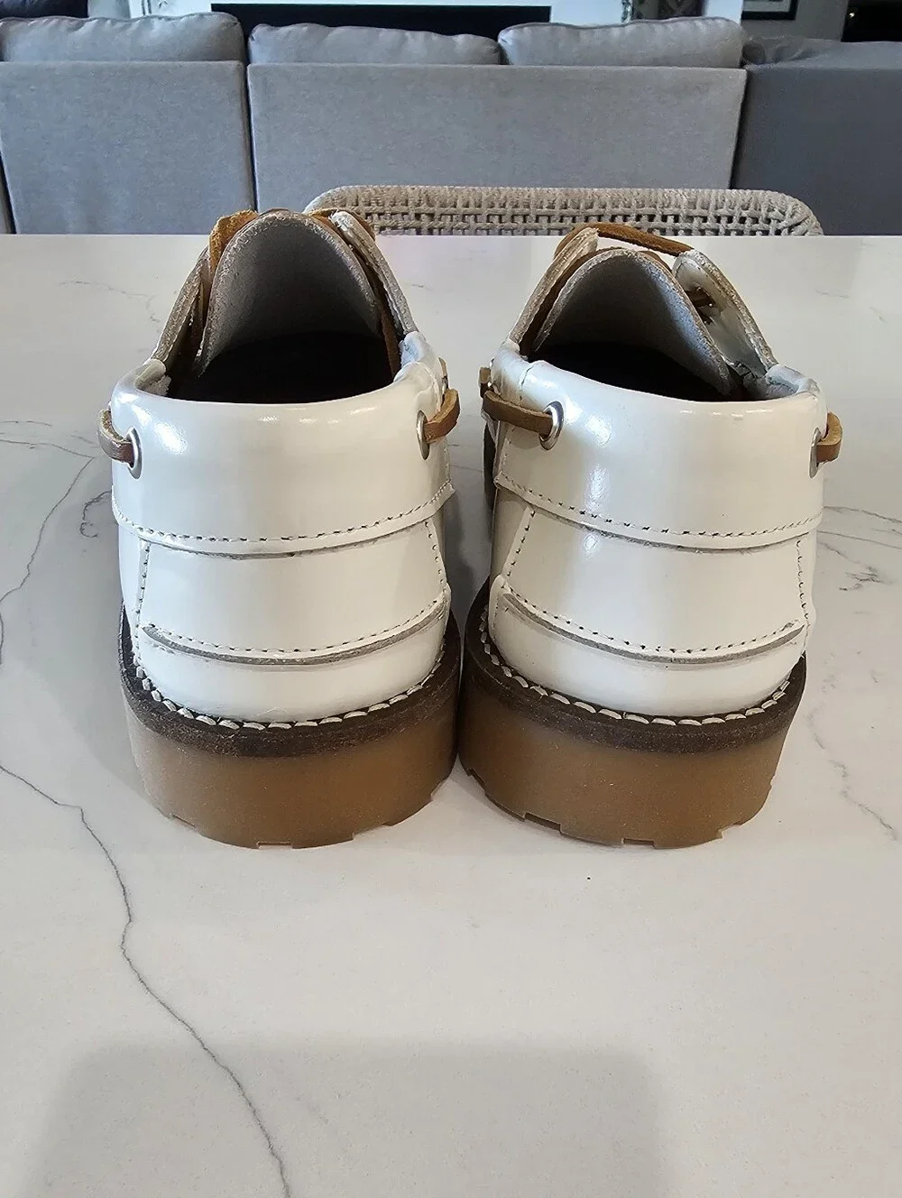 Anthropologie White Leather Boat Shoes w/Brown Trim Women's Size 8.5 NWOB
